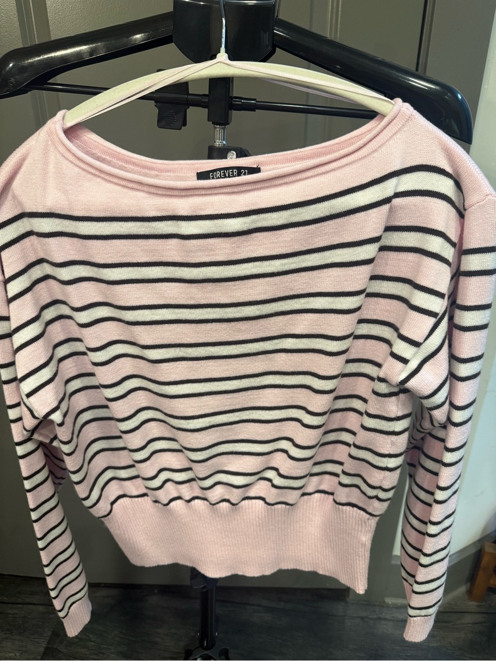 Forever 21 Pink, Black & White Striped Off-the-Shoulder Sweater